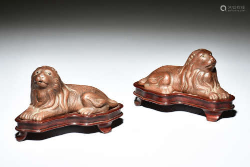 PAIR OF YIXING ZISHA DOG FIGURES WITH STANDS