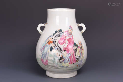 FAMILLE ROSE 'IMMORTALS' VASE WITH HANDLES, ZUN