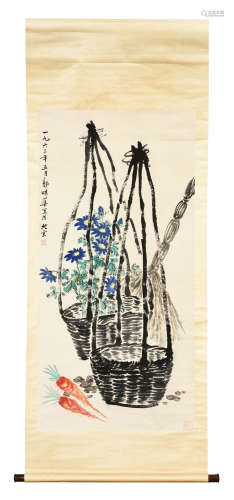 GUO WEIQU: INK AND COLOR ON PAPER PAINTING 'FLOWER BASKETS'
