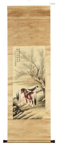 YANG JIN: INK AND COLOR ON PAPER PAINTING 'HORSES'