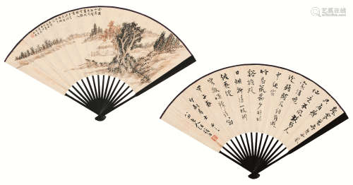 徐宗浩（1880～1957）  汪蔼士（1871～1960） 松溪茅屋图·行书 成扇 设色纸本