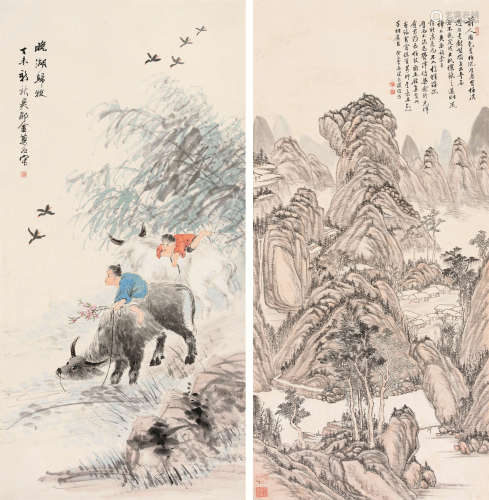金梦石（1869～1952）  佚名 1907年作 晚湖归牧 山水 立轴 设色纸本