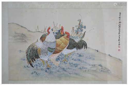 A Chinese Scroll Painting, Liu Kuiling, Roosters