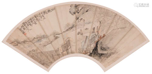 A Chinese fan shaped watercolour depicting literati in a rock garden, signed Zhang Zhiying and dated 1874, 18 x 50,5 cm