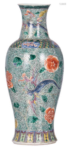 A Chinese baluster shaped vase, polychrome decorated with phoenixes and flower branches, H 45 cm