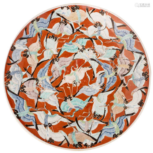 A Japanese polychrome decorated plate with cranes, Meiji and period, ø 53,5 cm