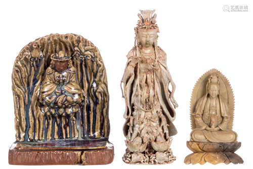 A Chinese flambé decorated terracotta group depicting a seated Buddha in an alcove; added a ditto Guanyin and extra added a soapstone Guanyin, H 18 - 30 cm