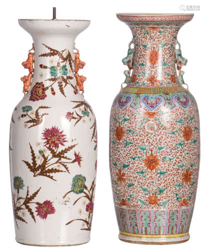 Two Chinese famille rose floral decorated vases, 19thC, H 60 - 61 cm