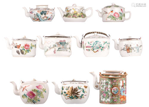 Nine Chinese famille rose decorated tea pots and covers with flower branches, birds and figures in a landscape, some marked; added a ditto Cantonese tea pot and cover, H 9 - 13,5 - W 10 - 15,5 cm