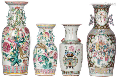 Four Chinese famille roses vases, two decorated with birds on flower branches, one with court scenes and one with flower baskets, 19thC, H 42 - 59 cm