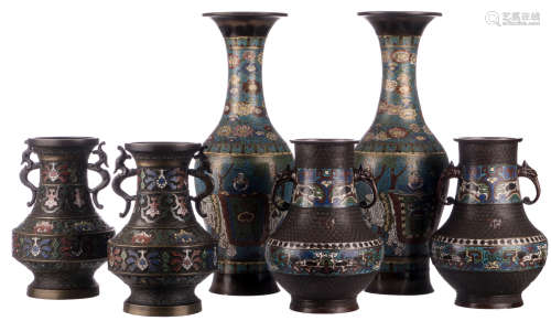 Three pairs of Chinese floral and relief decorated cloisonné/champlevé vases, one pair marked, about 1900, H 30 - 54 cm
