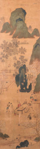 A Chinese scroll, framed, silk mount, depicting literati, courtisans and servants in a garden situated in a mountainous landscape, signed Wen Zheng Ming and with a seal mark, ink and colour on paper, (16thC), 48,5 x 174 (without mount) - 61 x 202 cm (with mount)