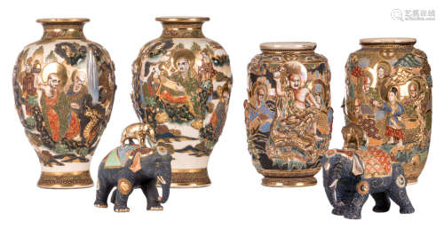 Four Japanese Satsuma vases, overall decorated with deities, H 32 - 38 cm; added two ditto models of elephants, H 17 cm