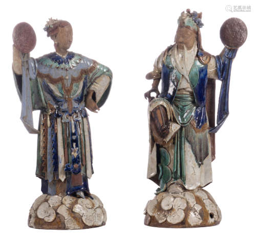 Two Chinese dancing Tang dressed figures in polychrome glazed stoneware, 19thC, H 81 - 83 cm