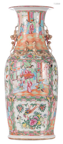 A Chinese Canton famille rose vase, decorated with a court scene and birds on flower branches, H 60 cm