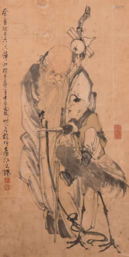 A Chinese scroll, framed, depicting Shou Xing, the God of longevity, accompanied by a child and a crane, ink and colour on paper, with text and a seal mark, 18thC, 66 x 129 cm