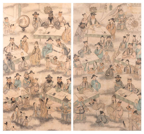 Two framed Chinese scrolls depicting the ten Buddhist kings of hell, ink and colour on paper, 18thC, 94 x 176 cm (x2)