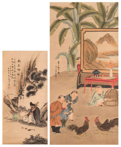 A Chinese scroll depicting children watching a cock fight, 63,2 x 131,2 - 76,8 x 202,2 cm (with mount); added a ditto scroll depicting a traveller in a mountainous landscape, 36 x 81 - 47,5 x 191 cm (with mount)