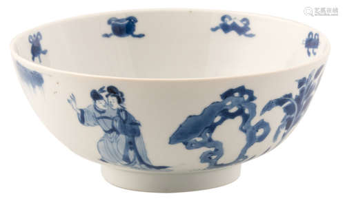 A Chinese blue and white overall decorated bowl with figures in a garden, with a Chenghua mark, H 7 - ø 15,5 cm