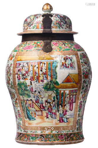 An exceptional Chinese Canton famille rose vase and cover, floral decorated, the roundels with animated scenes, with a brass mount, 18th/19thC, H 63 cm