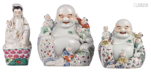 Two Chinese polychrome decorated Budai and a Guanyin, marked, H 20 - 27 cm