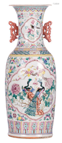 A Chinese famille rose vase, the roundels decorated with phoenixes and birds on flower branches, 19thC, H 61cm