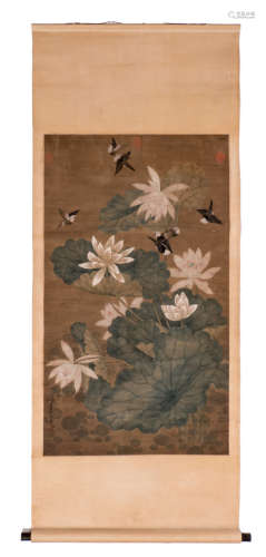 A Chinese scroll, watercolour on textile, depicting birds and water lilies, signed, 18thC, 61 x 105,5 cm