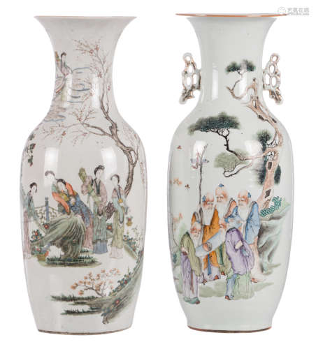 Two Chinese polychrome decorated vases with an animated scene and calligraphic texts, one vase marked, H 58,5 cm