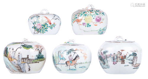 Five Chinese famille rose and polychrome decorated jars and covers with a bird on a flower branch, animated scenes and calligraphic texts, marked, H 7 - 10 - ø 10 - 13 cm