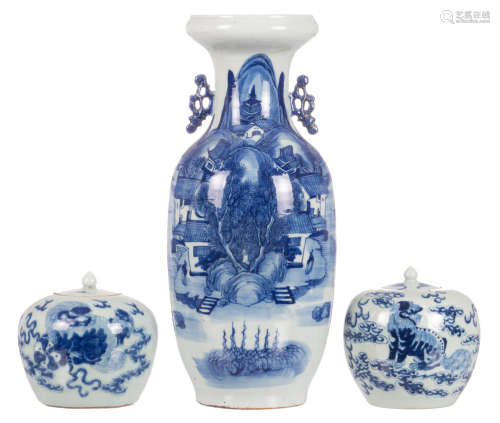 A Chinese celadon ground blue and white vase, decorated with a river landscape; added two celadon ground blue and white ginger jars, decorated with a Fu lion, H 19,5 - 57,5 cm