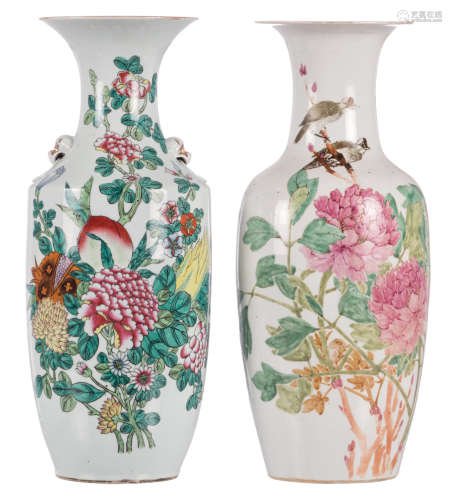 Two Chinese famille rose vases, one vase decorated with birds on flower branches and a calligraphic text and one vase with flowers, fruits, and calligraphic texts, H 57,5 - 58 cm