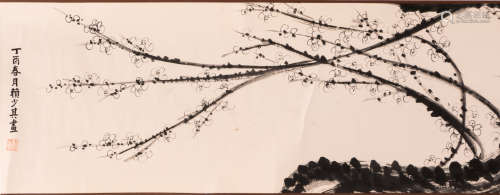 A Chinese scroll depicting blossoms on a branch, Indian ink, 33,5 x 370 cm