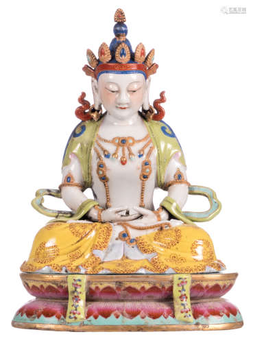 A Chinese polychrome decorated Buddha on a matching stand, 19thC, H 34 - W 23,5 cm 