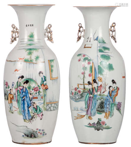 Two Chinese famille rose vases, decorated with gallant scenes and calligraphic texts, H 58 cm