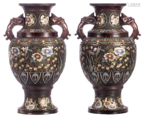 A pair of Chinese champlevé vases, the handles dragon shaped, marked, H 61,5 cm