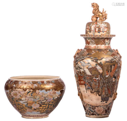 A Japanese Meiji Satsuma vase and cover, decorated with an animated scene and warriors; added a ditto jardinière decorated with birds and flower branches in a landscape, H 44 - 126 - ø 65 cm