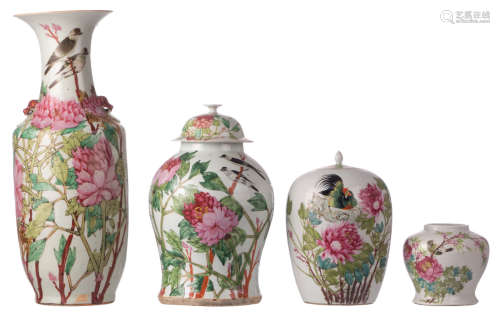 Two Chinese famille rose vases, a vase and cover and a ginger jar, decorated with birds on flower branches and calligraphic texts, one vase marked, 19th and 20thC, H 16 - 59,5 cm
