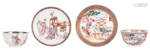 A Chinese so-called Mandarin cup and saucer; added a ditto polychrome decorated cup and saucer, both 18thC, H 4 - ø 7,5 - 12 cm