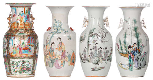 Three Chinese famille rose vases, decorated with gallant scenes; added a Chinese Canton decorated vase, H 43,5 - 45,5 cm