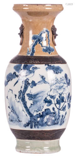 A Chinese polychrome ground blue and white decorated stoneware vase with birds and flower branches, marked, 19thC, H 45,5 cm