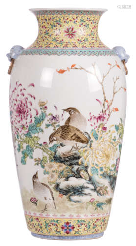 A Chinese famille rose vase, decorated with birds and flower branches, marked, H 49 cm