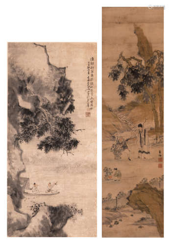 Two Chinese scrolls: one depicting music making men on a sampan, 27 x 58,5 - 38 x 152,7 cm (with mount), the other scroll depicting a literate, a gardener and a child in a garden, 27 x 98,8 - 40,5 x 217,8 cm (with mount)