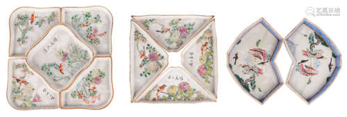 Parts of Chinese famille rose porcelain 'sweet meat sets', decorated with birds on flower branches and figures in a garden, H 2 - W 10,5 - 17,5 cm