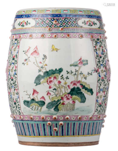 A Chinese famille rose garden seat, the roundels decorated with water lilies and birds, H 48 cm