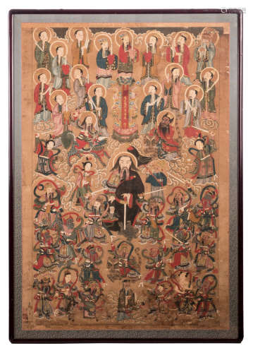 A Chinese watercolour depicting the ten Buddhist Kings of Hell, 83 x 122 cm