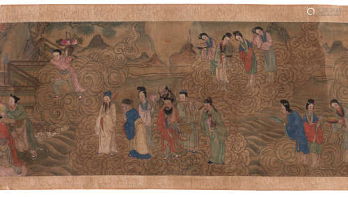 A Chinese scroll depicting the celebration of the birthday of the Gods of Good Fortune Fu - Lu - Shou Xing surrounded by their guests, according to the matching documentation signed and dated Pin Chen - 1776, added a dossier by Dr. C.C. Krieger - 1942, 25 x 255,5 + 2 x 25 x 26 cm - 30,5 x 345,5 cm (with mount), in a matching container