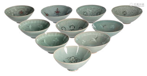 Ten celadon glazed bowls, with various (polychrome) decoration, all items signed by the artist-potters, ø 14,4 - 15,4 cm