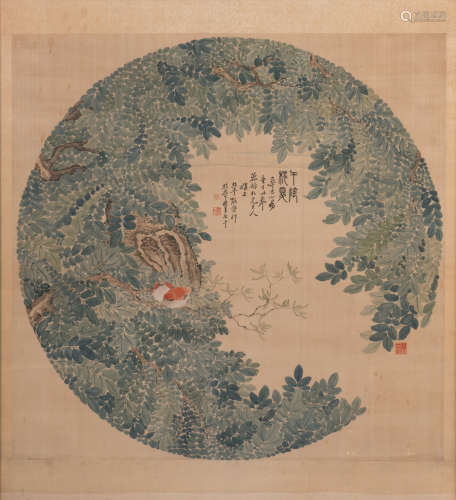 A Chinese watercolour depicting quails nestling in a bush, 19thC, Ø 82 - 82,5 x 83,5 cm (with mount)