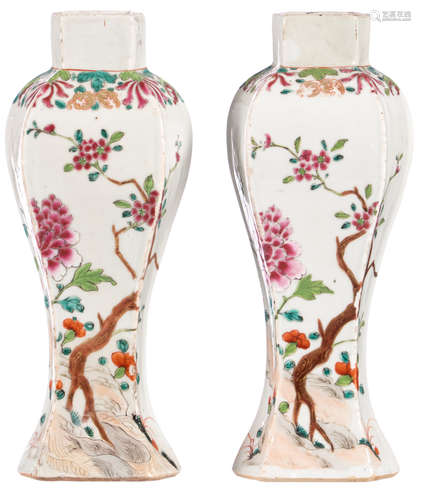 Two Chinese hexagonal famille rose baluster shaped vases, decorated with flower branches, 18thC, H 28 cm