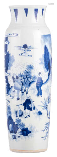 A Chinese cylindrical vase, overall blue and white decorated with an animated scene, H 47,5 cm